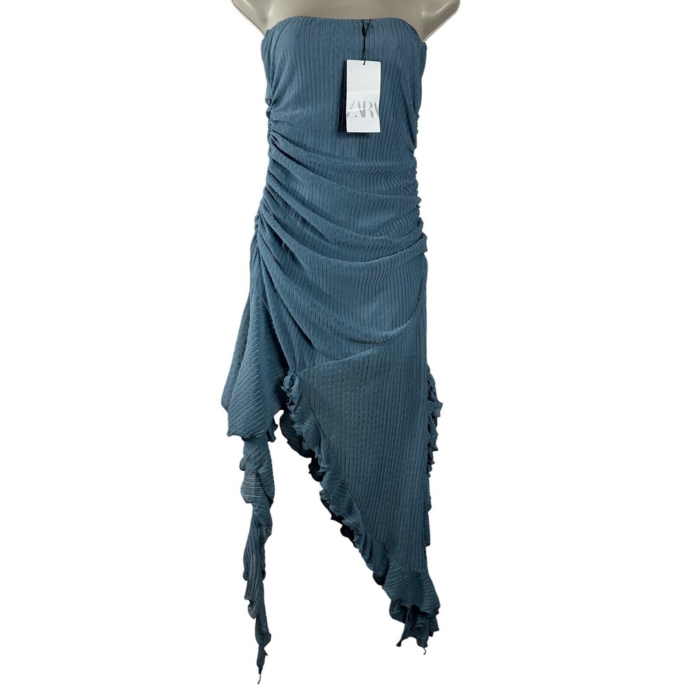 Zara Womens Strapless Ruched Asymmetrical Ruffle Midi Dress Slate Blue Size M